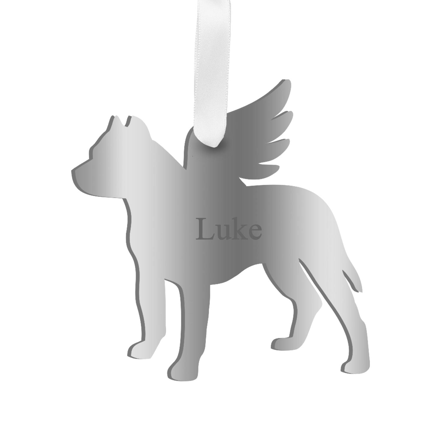 Moon and Lola - Personalized Angel Pitbull Ornament with wings in silver
