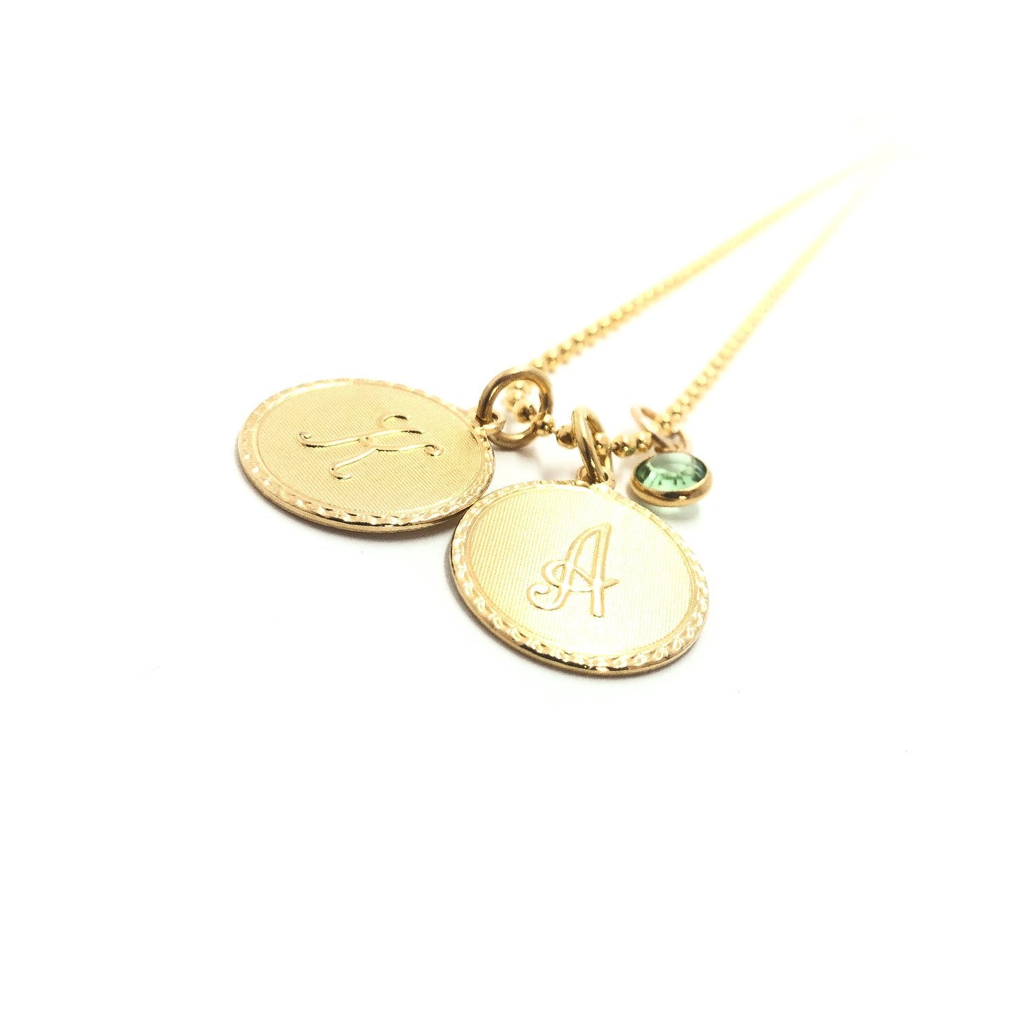 Moon and Lola Galentine Necklace with 2 metal Dalton single initial charms and a Swarovski birthstone charm
