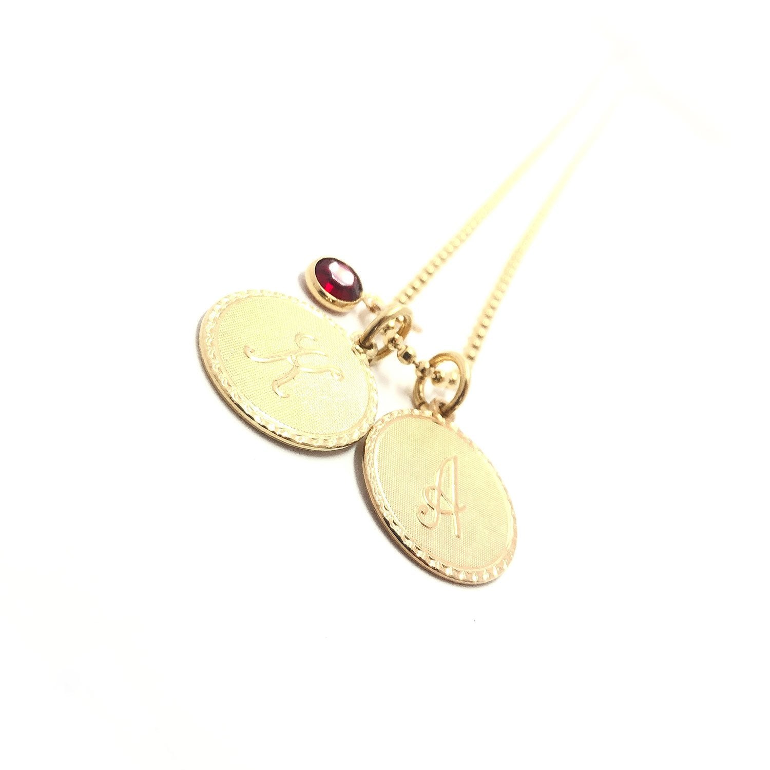 Moon and Lola Galentine Necklace with 2 metal Dalton single initial charms and a Swarovski birthstone charm