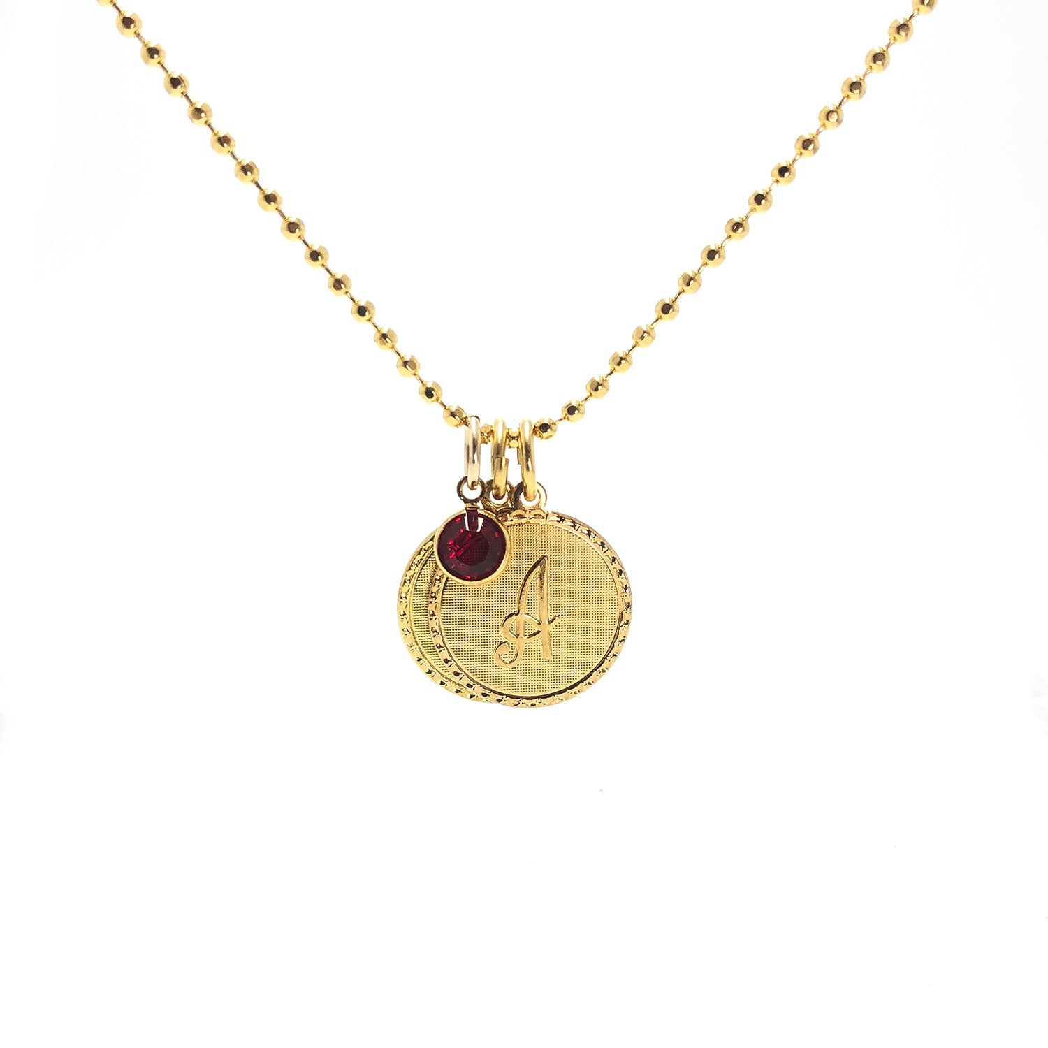 Moon and Lola Galentine Necklace with 2 metal Dalton single initial charms and a Swarovski birthstone charm