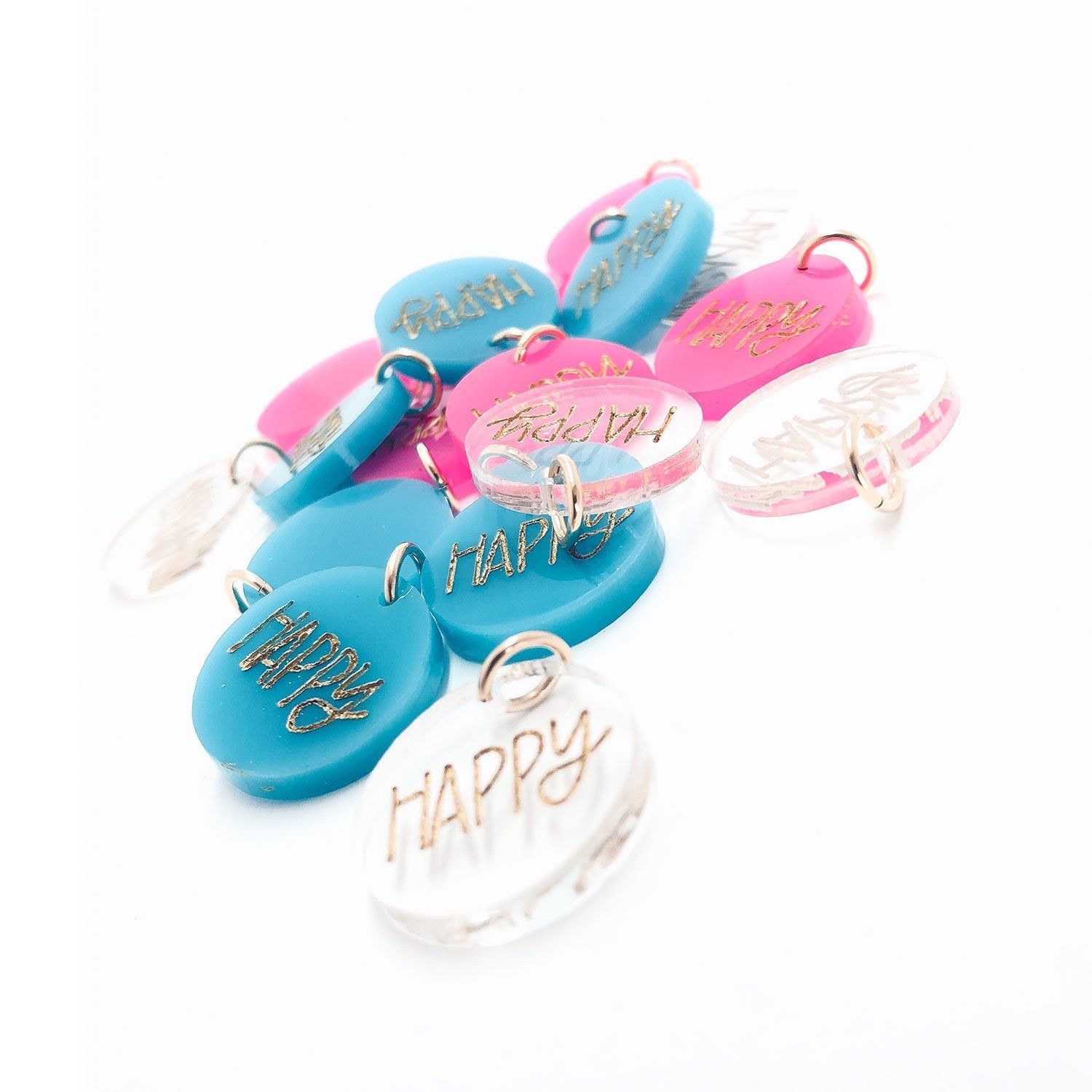 Moon and Lola xx All She Wrote Notes - Colorful Acrylic Charm with the word Happy engraved in a fun font