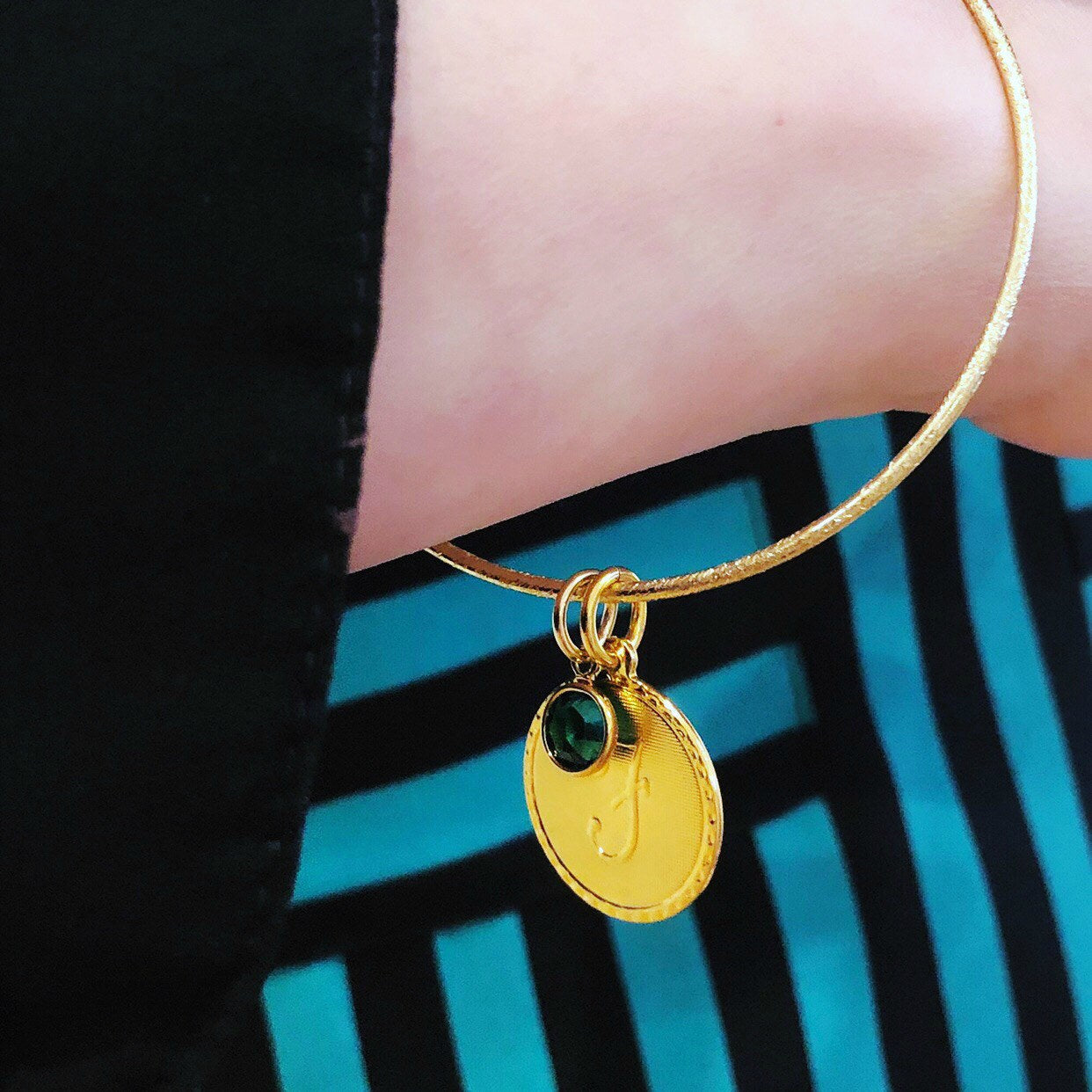 Moon and Lola - Dalton Single Initial and Birthstone Charm Bangle Bracelet
