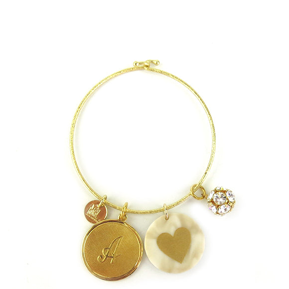 Moon and Lola - Laura Bangle with metal initial, acrylic image and rhinestone ball charms