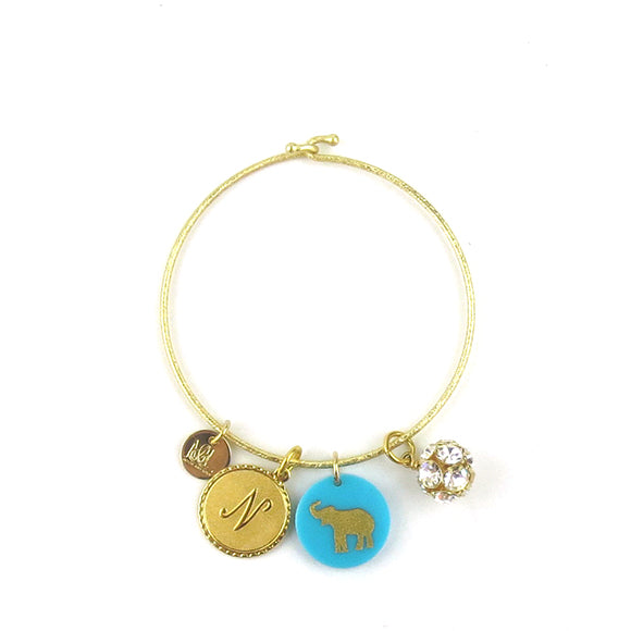 Moon and Lola - Laura Bangle with metal initial, acrylic image and rhinestone ball charms