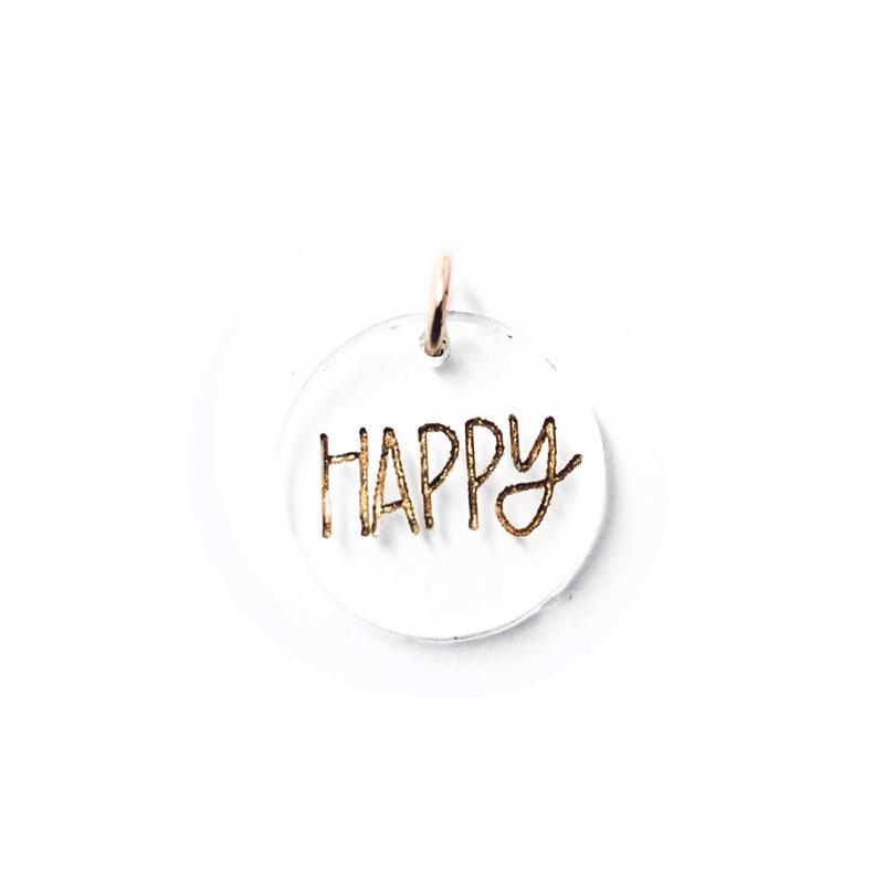 Moon and Lola xx All She Wrote Notes - Colorful Acrylic Charm with the word Happy engraved in a fun font
