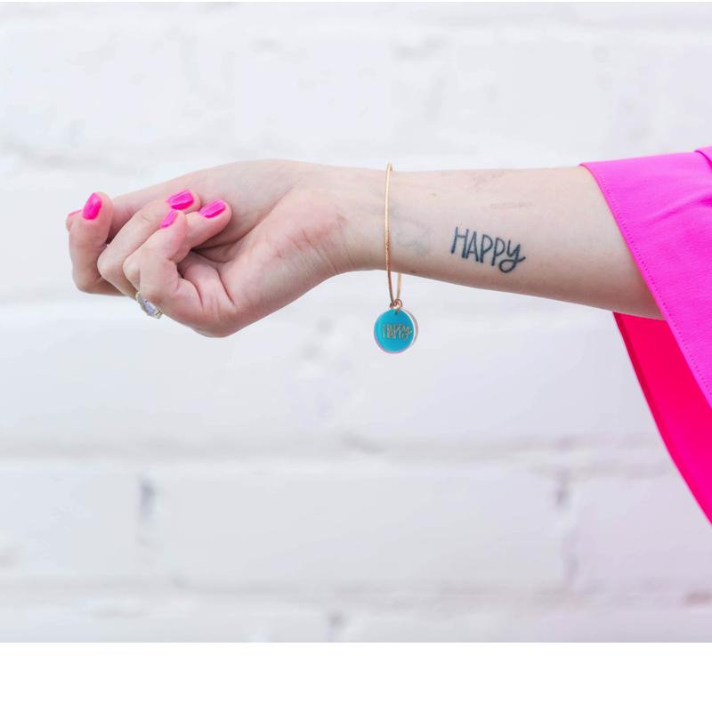 Moon and Lola xx All She Wrote Notes - Colorful Acrylic Charm with the word Happy engraved in a fun font