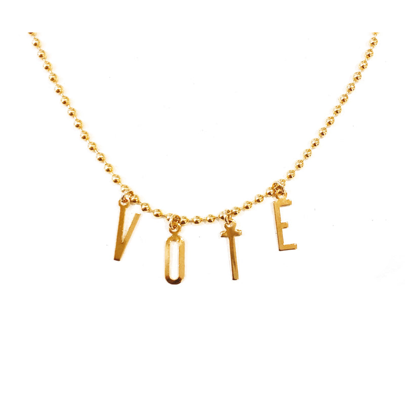 Moon and Lola - Belize Necklace on apex link chain with the word VOTE spelled out