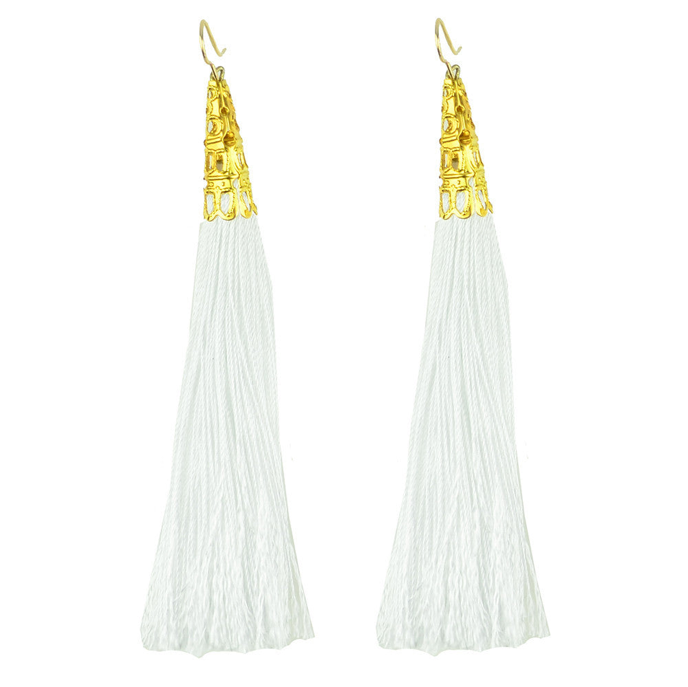Phi Phi Earrings - silk tassels with a gold filigree cap at #moonandlola!