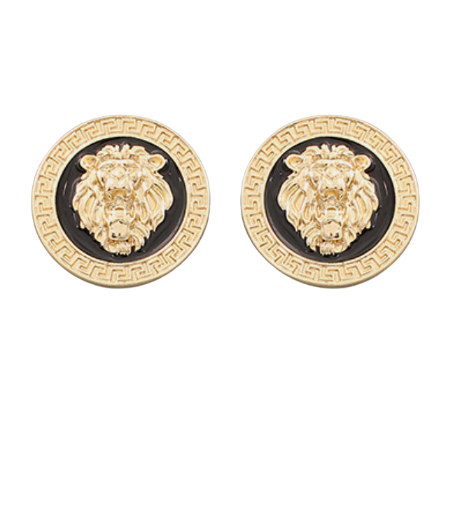 Lion Head Black Greek Key Post Earrings