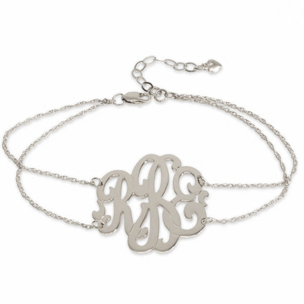Sterling Silver Monogram Double Chain Bracelet Script Font - #moonandlola