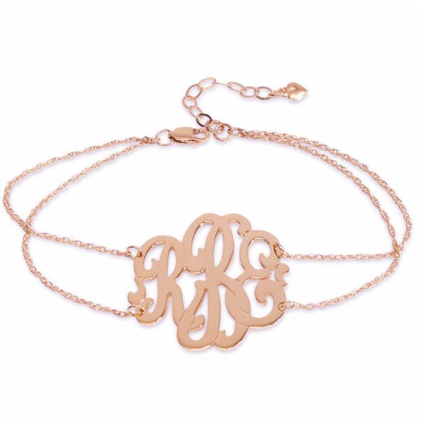 Rose Gold Monogram Double Chain Bracelet Script Font - #moonandlola