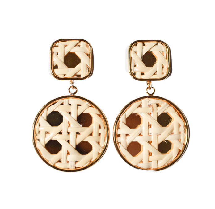 Woven Cane Rattan Square Post Drop Earrings