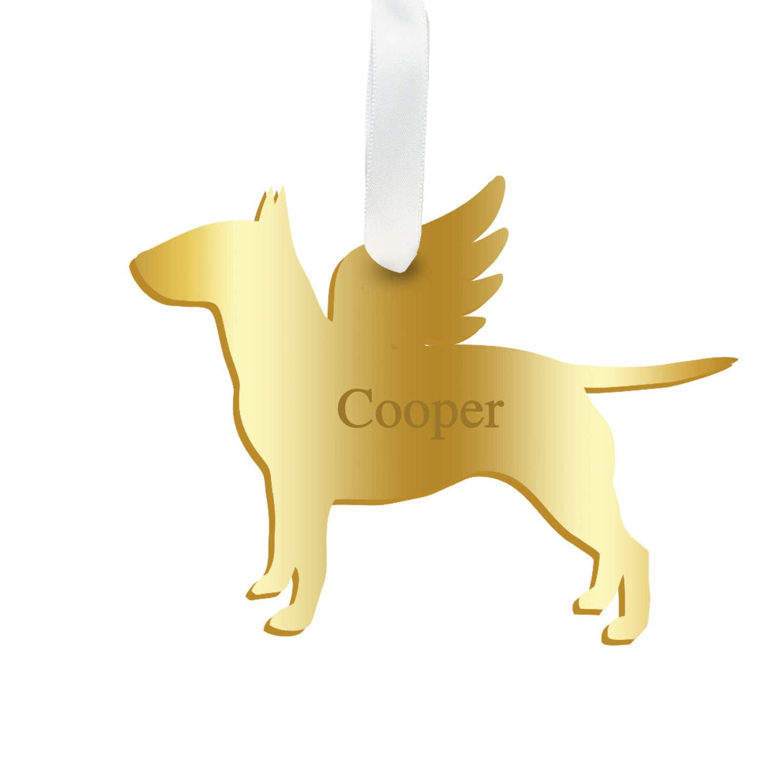Moon and Lola - Personalized Angel Bull Terrier Ornament with wings in mirrored gold