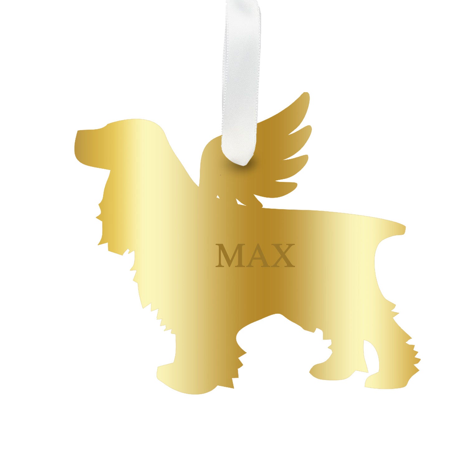 Moon and Lola - Personalized Angel Cocker Spaniel Ornament with wings in mirrored gold
