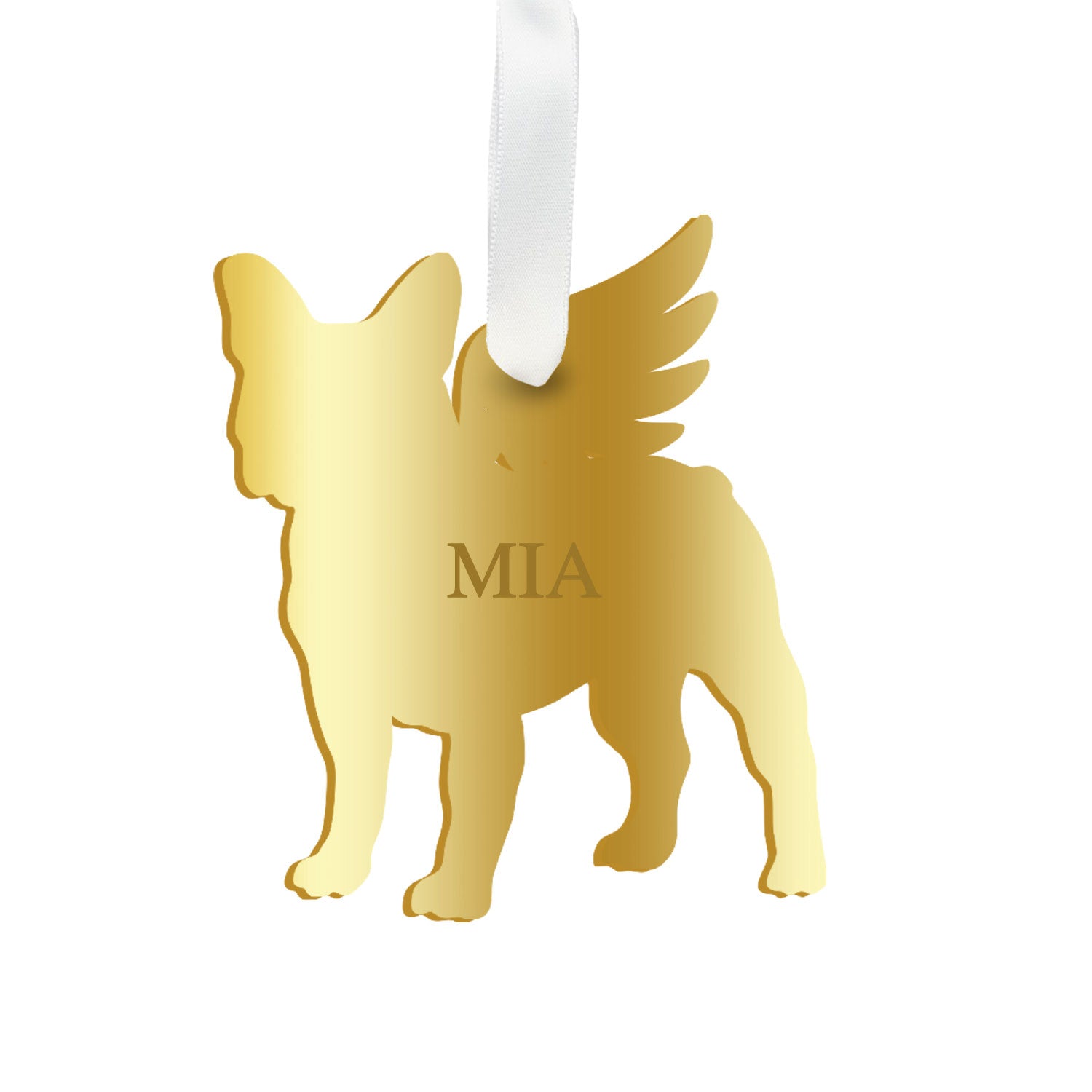Moon and Lola - Personalized Angel Boston Terrier Ornament with wings in mirrored gold