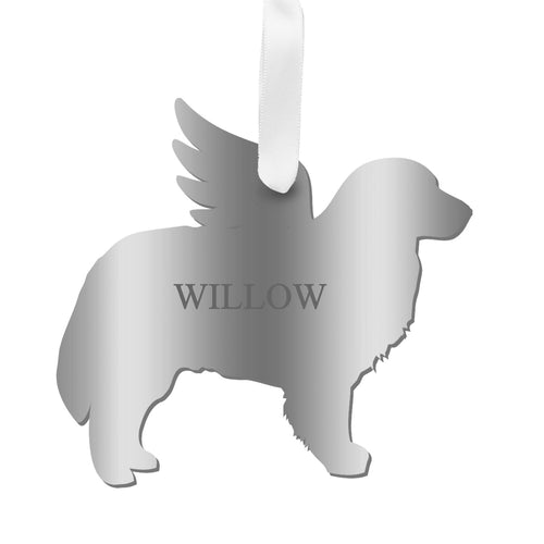 Personalized Angel Bernese Mountain Dog Ornament with wings in mirrored silver
