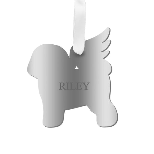Moon and Lola - Personalized Angel Bichon Frise Ornament with wings in mirrored silver
