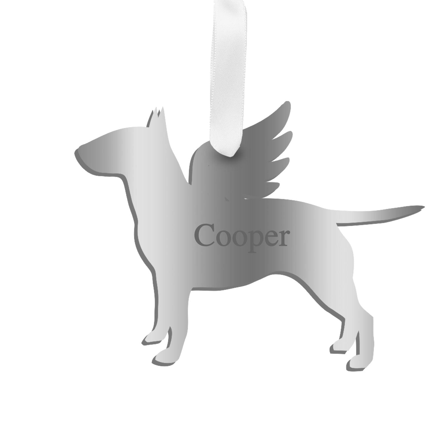 Moon and Lola - Personalized Angel Bull Terrier Ornament with wings in mirrored silver