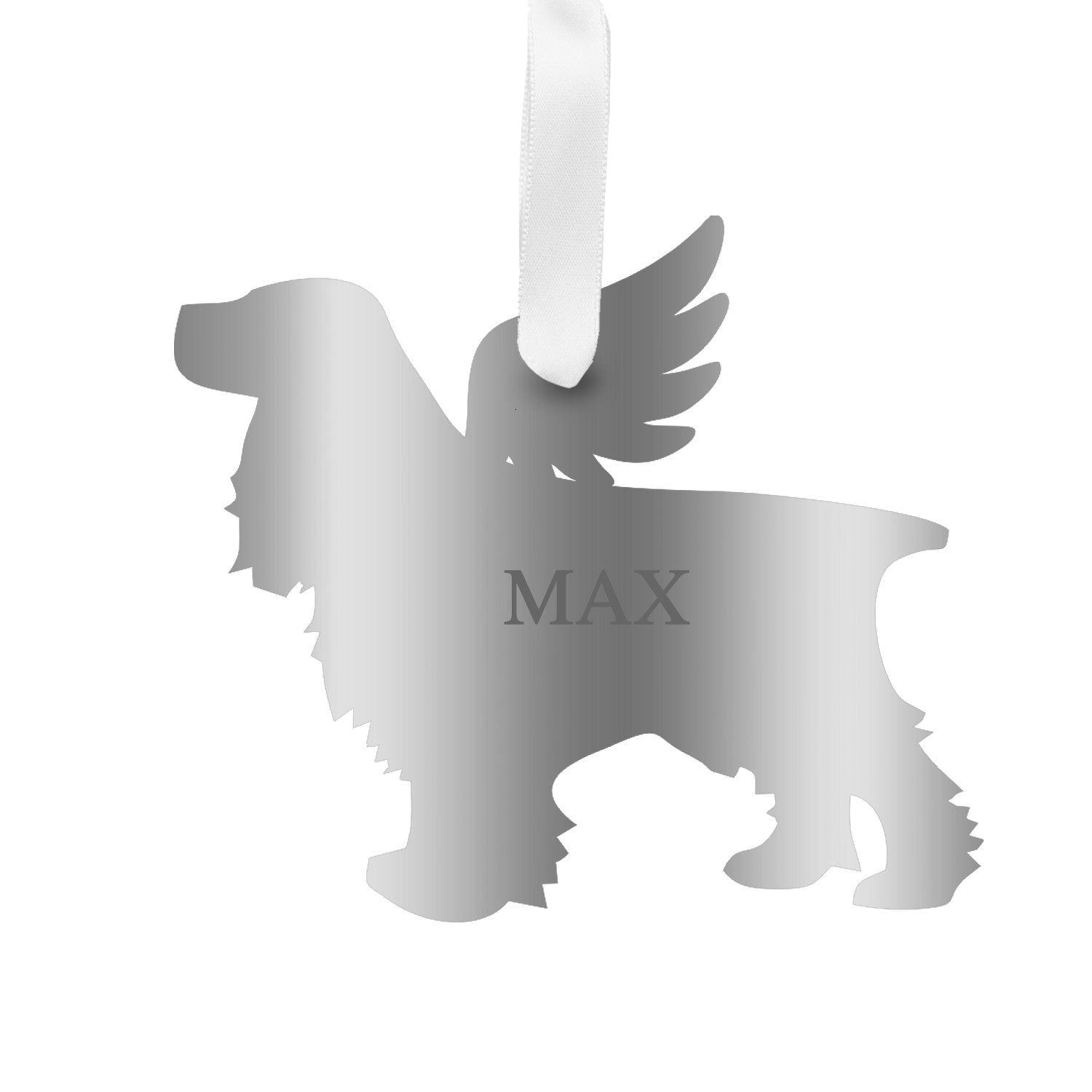 Moon and Lola - Personalized Angel Cocker Spaniel Ornament with wings in mirrored silver