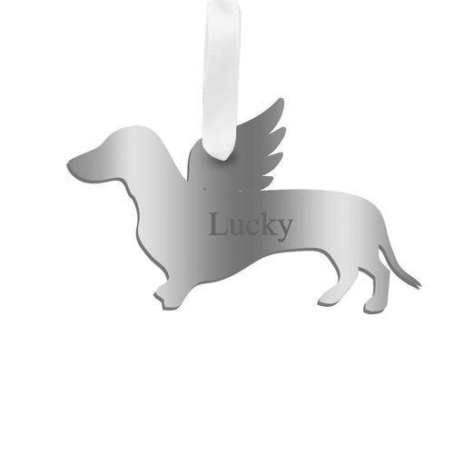 Moon and Lola - Personalized Angel Dachshund Ornament with wings in silver