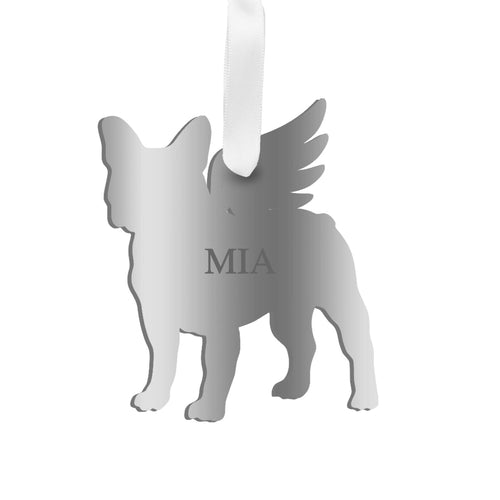 Moon and Lola - Personalized Angel Boston Terrier Ornament with wings in mirrored silver