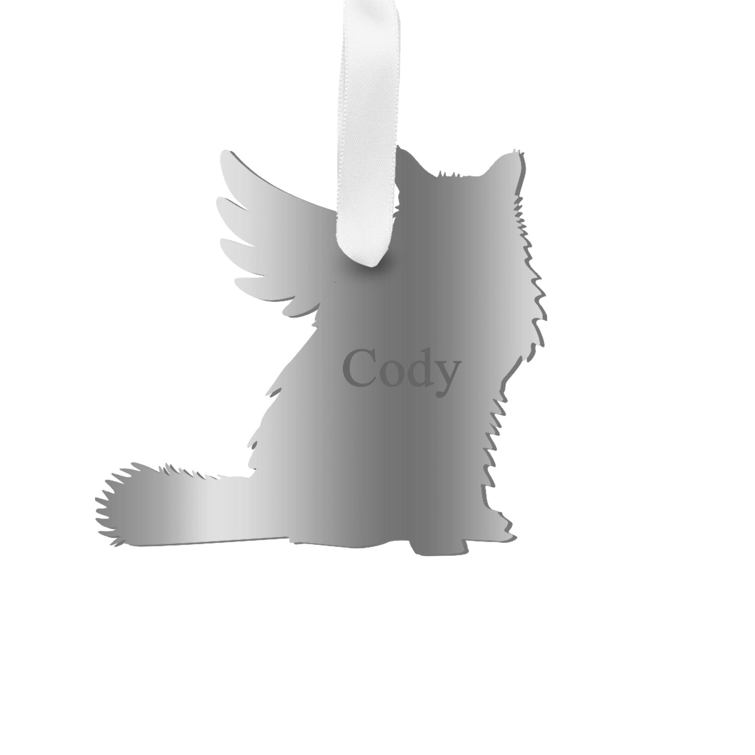 Moon and Lola - Personalized Angel Longhaired Cat Ornament with wings in silver