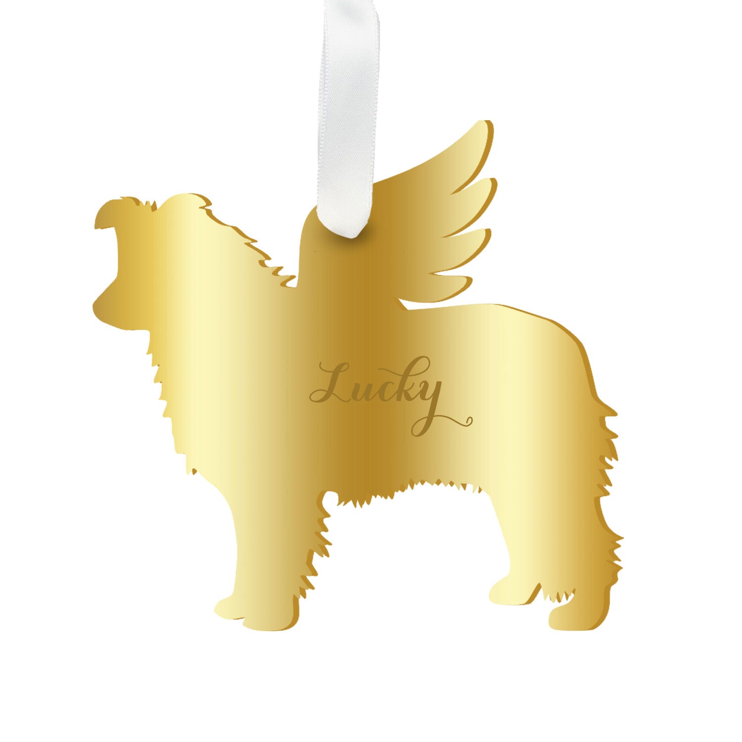Moon and Lola - Personalized Angel Border Collie Ornament with wings in mirrored gold