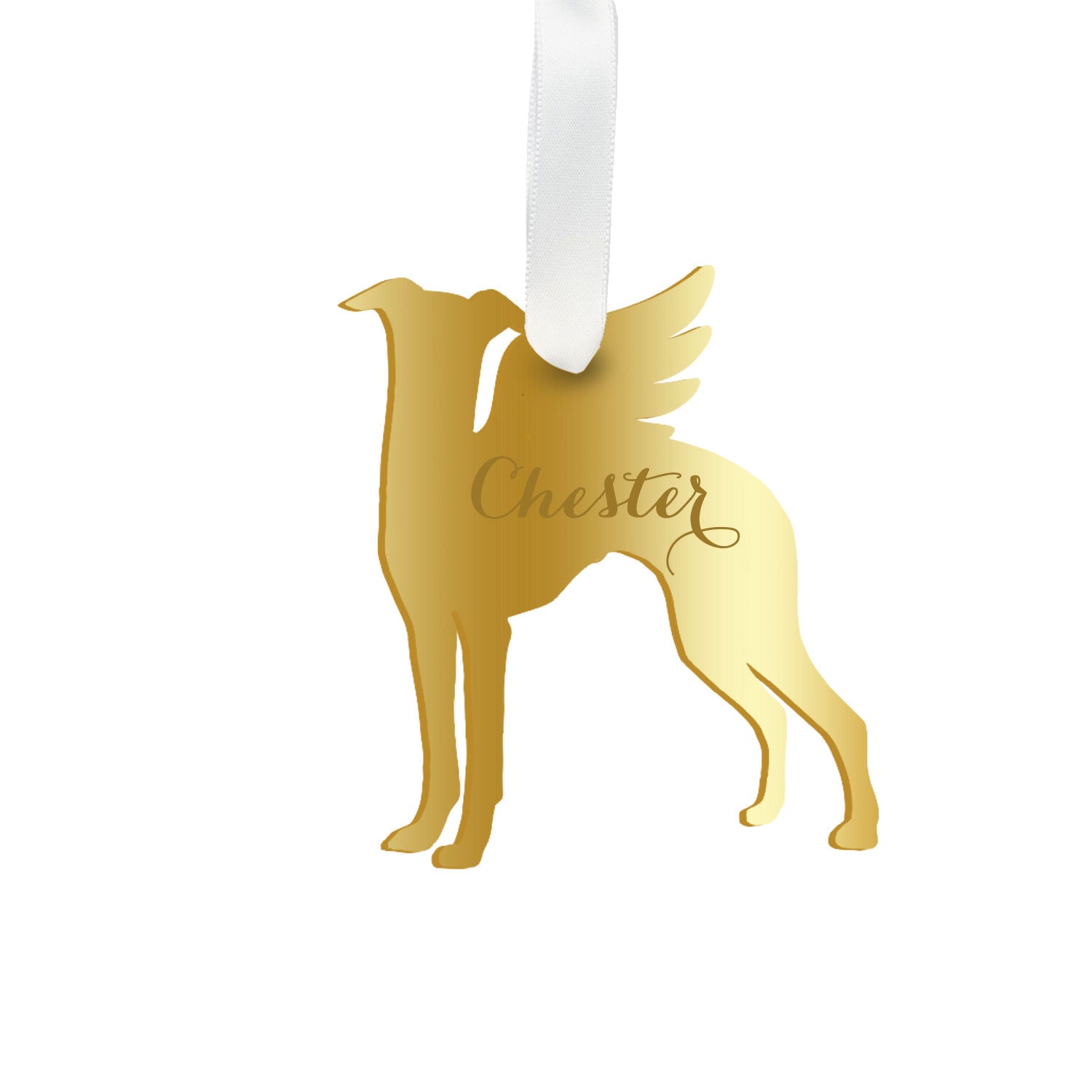 Moon and Lola - Personalized Angel Whippet Ornament with wings in gold
