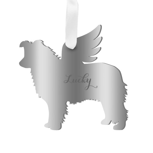 Moon and Lola - Personalized Angel Border Collie Ornament with wings in mirrored silver