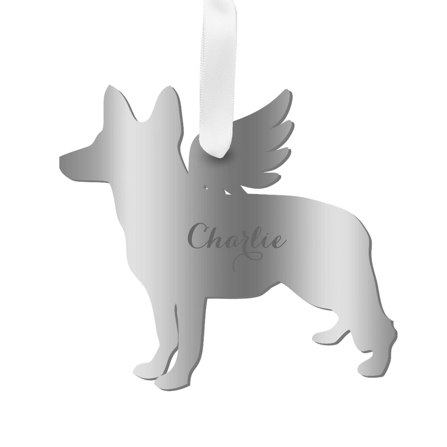 Moon and Lola - Personalized Angel German Shepherd Ornament with wings in silver