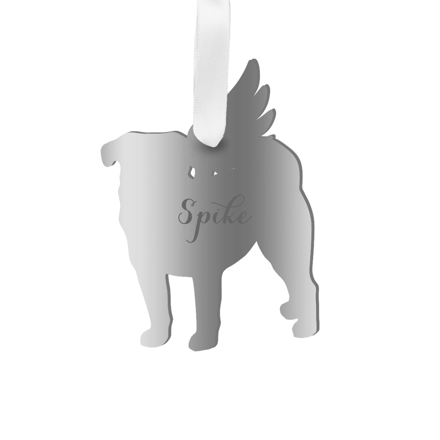 Moon and Lola - Personalized Angel Pug Ornament with wings in silver