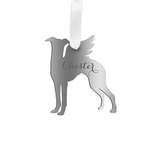 Moon and Lola - Personalized Angel Whippet Ornament with wings in silver