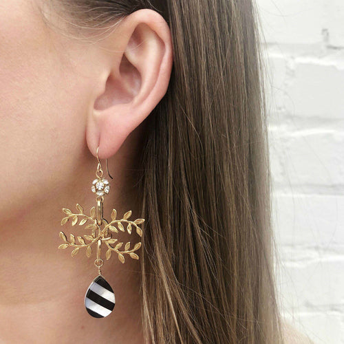 Moon and Lola - Cambon Earrings with filigree leaves, rhinestone balls and mother of pearl/ebony beads
