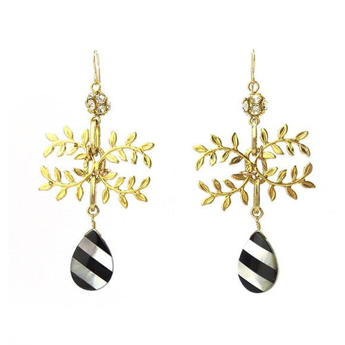 Moon and Lola - Cambon Earrings with filigree leaves, rhinestone balls and mother of pearl/ebony beads