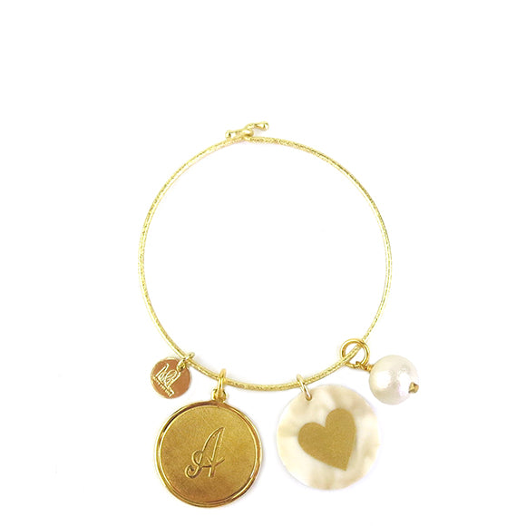 Moon and Lola - Laura Bangle with metal initial, acrylic image and cotton pearl charms