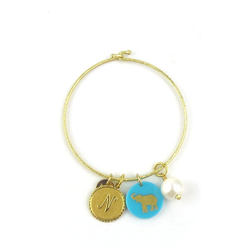 Moon and Lola - Laura Bangle with metal initial, acrylic image and cotton pearl charms