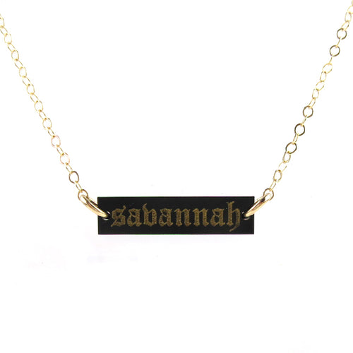 Moon and Lola - Old English Engraved Acrylic Bar Necklace