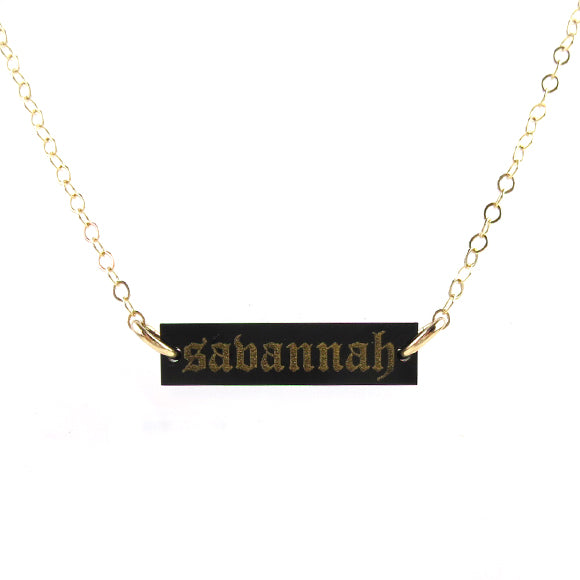 Moon and Lola - Old English Engraved Acrylic Bar Necklace