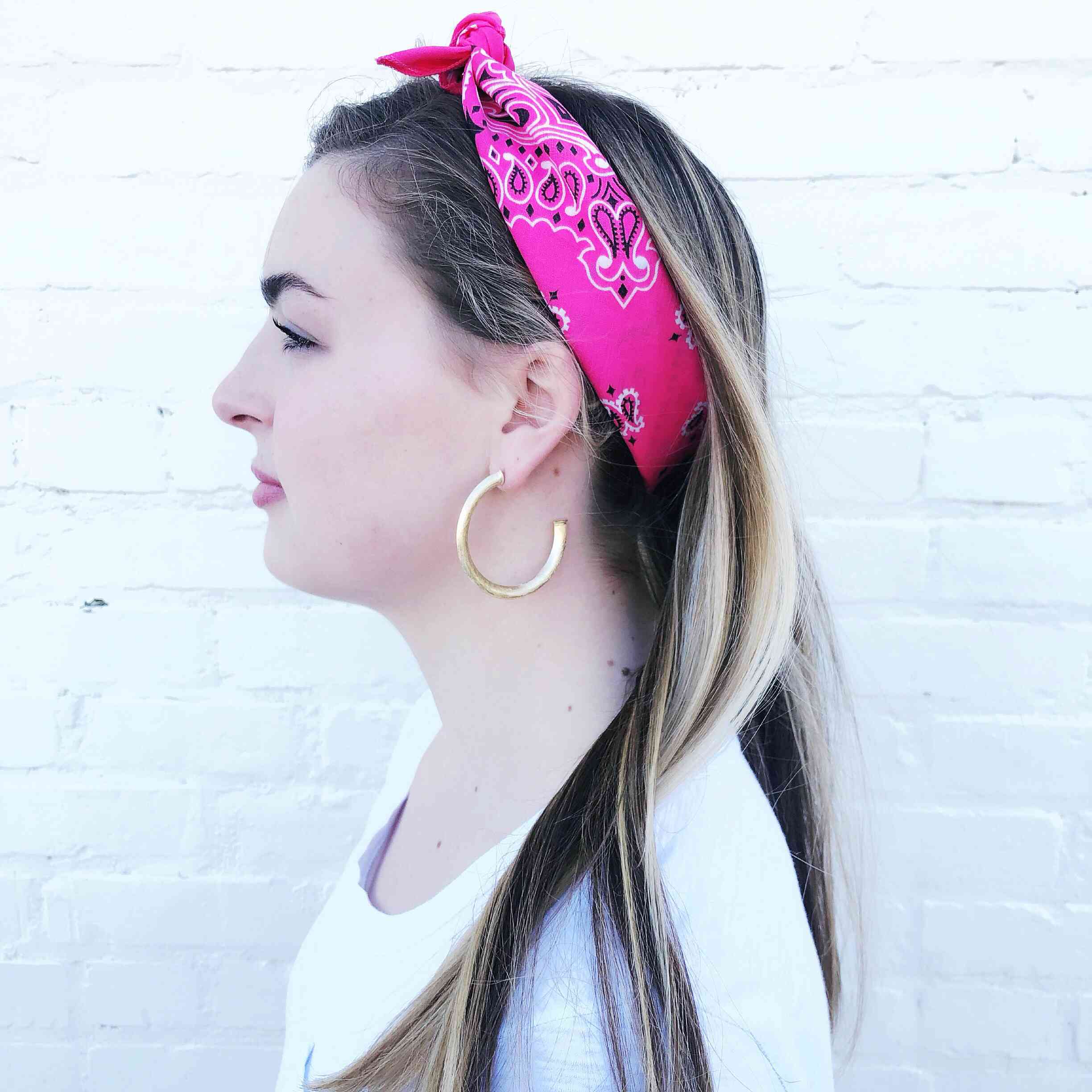 Moon and Lola - Traditional Bandana in Hot Pink used as a head wrap headband