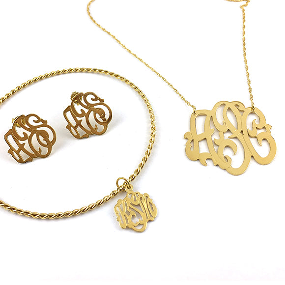 Moon and Lola - Cheshire Hand-cut Monogram on a Delicate Twisted Bangle with monogram earrings and necklace