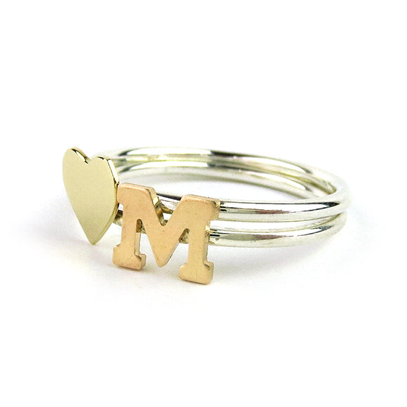 Moon and Lola - Victoria Single Letter Ring Stacked with Victoria Heart Ring