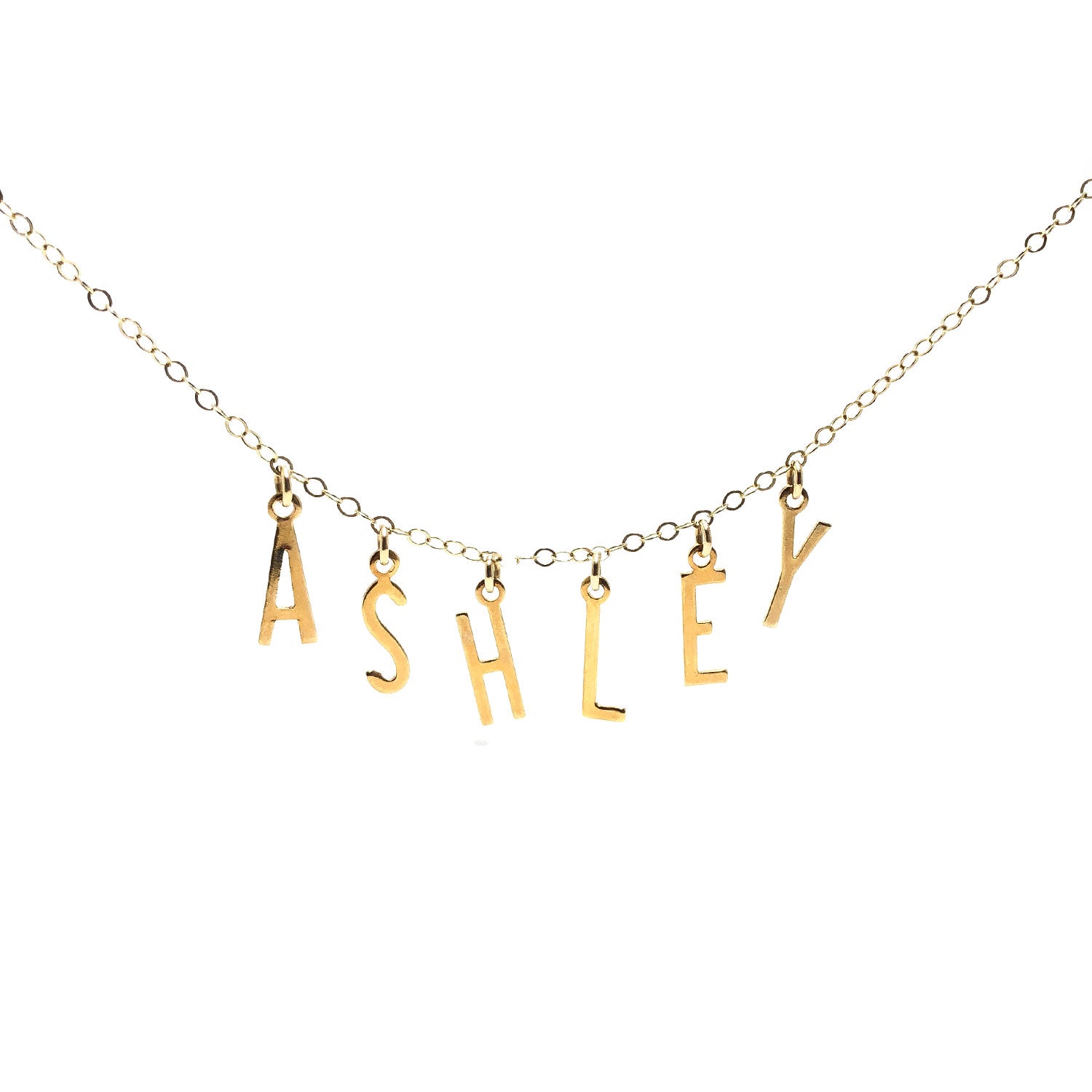 Moon and Lola - Belize Necklace on apex link chain with the name ASHLEY spelled out