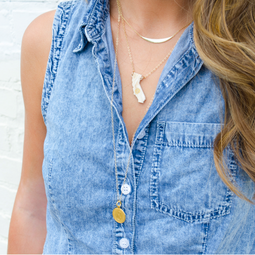Moon and Lola Monogrammed State Necklace layered with a Long Metal Dalton Necklace