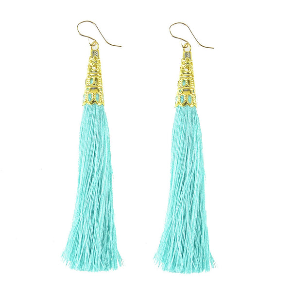 Phi Phi Earrings - silk tassels with a gold filigree cap at #moonandlola!