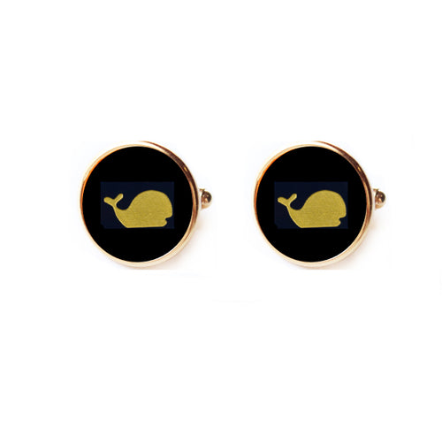 Moon and Lola - Round Vineyard Cuff Links with Whale image on black acrylic