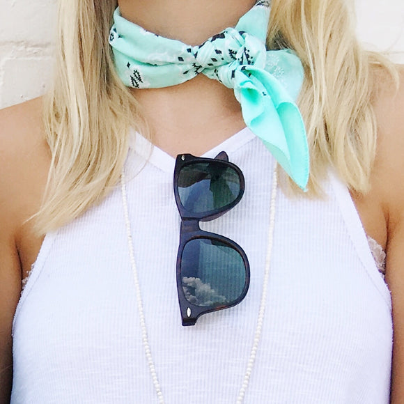 Moon and Lola - Traditional Bandana in Mint tied around neck as a choker