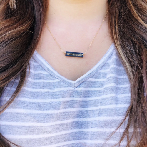 Moon and Lola - Old English Engraved Acrylic Bar Necklace styled pic