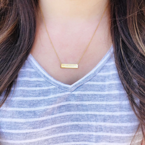 Moon and Lola - Old English Metal Engraved Bar Necklace styled pic