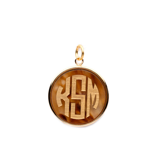 Moon and Lola - Vineyard Round Pendant in Tiger's Eye acrylic with block font monogram