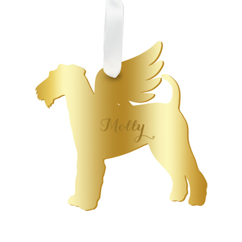Moon and Lola - Personalized Angel Airedale Terrier Ornament with wings in mirrored gold acrylic